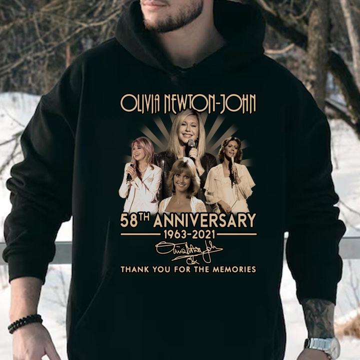 Olivia Newton-John 58th anniversary 1963-2021 signature thank you for the memories t-shirt hoodie