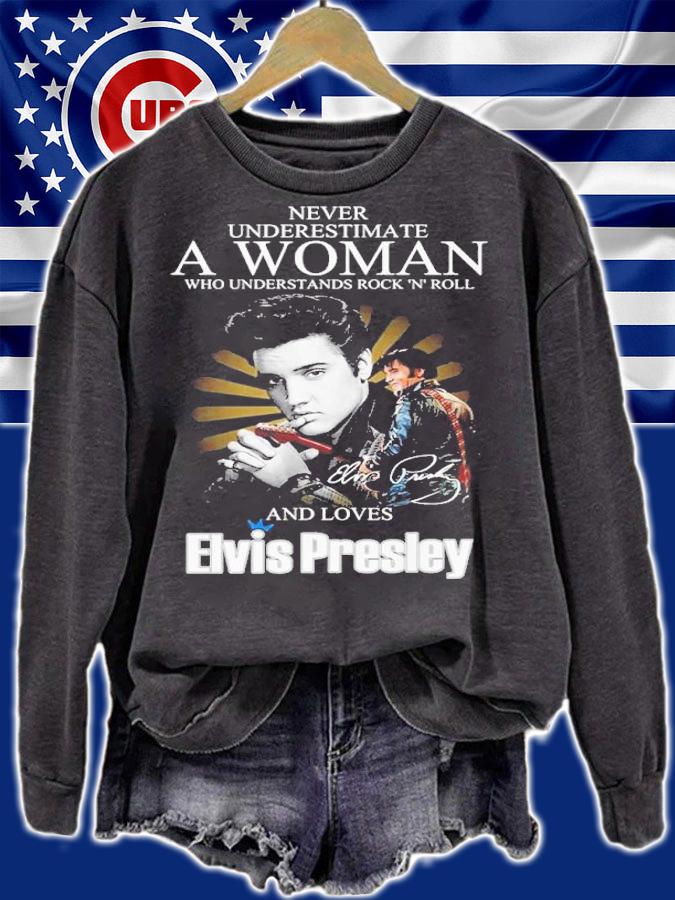 Official Never Underestimate A Woman Who Understands Rock 'N Roll And Loves Elvis Presley Signatures Shirt t-shirt sweatshirt