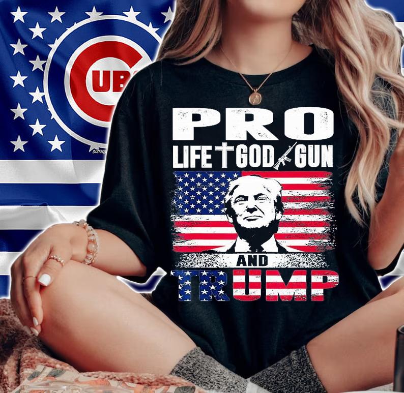 Funny Pro Life God Gun And Trump President Flag Vintage T-Shirt woman shirt