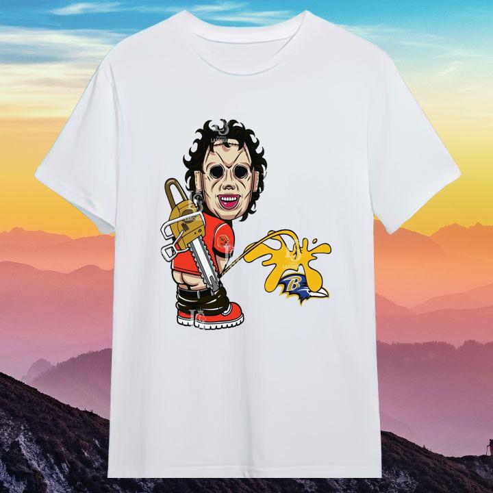 Funny Cleveland Browns Leatherface Pissing On Baltimore Ravens T-Shirt